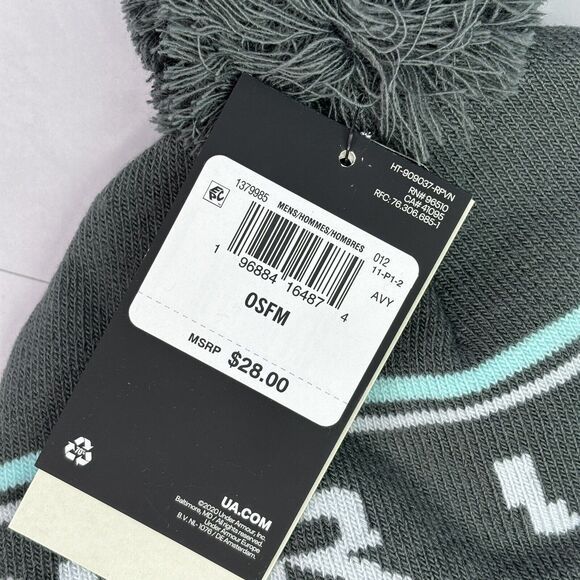 Under Armour Fleece Cuffed Knit Beanie Pom Hat Mens Grey Teal One Size New NWT - Picture 5 of 5